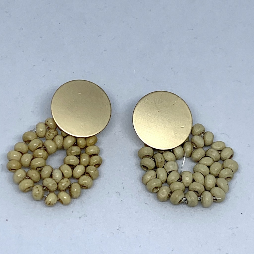 Natural Wood Beaded Earrings with Gold Circle